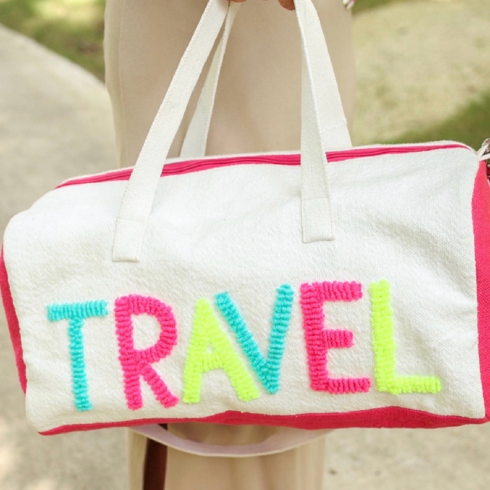 NWT Vibrant Pink and White Embroidered Travel Tote